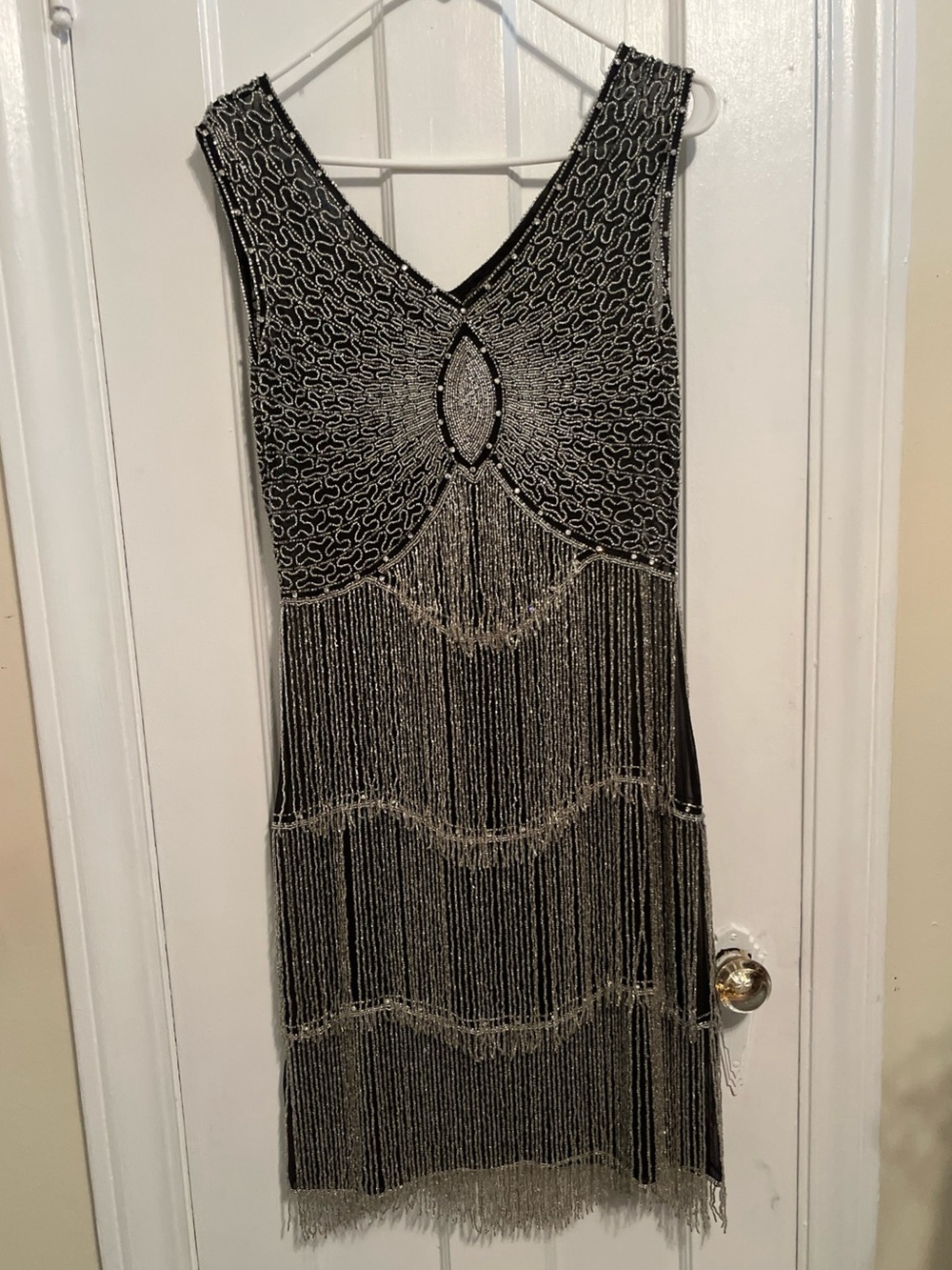 Unique Vintage 1920s Black & Silver Beaded Sleeveless Fringe Flapper Dress XS